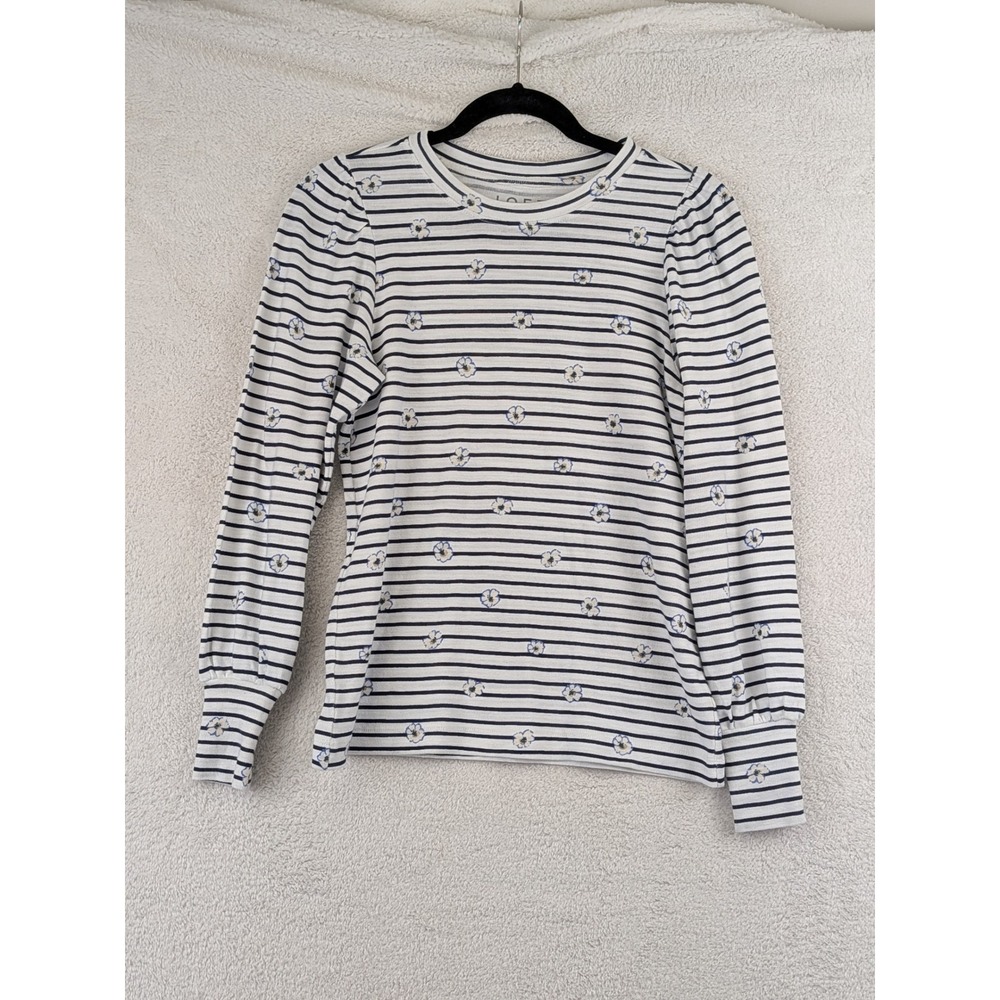 LOFT Womens XS Floral Striped Long Sleeve Puff Shoulder Top White Blue C1627